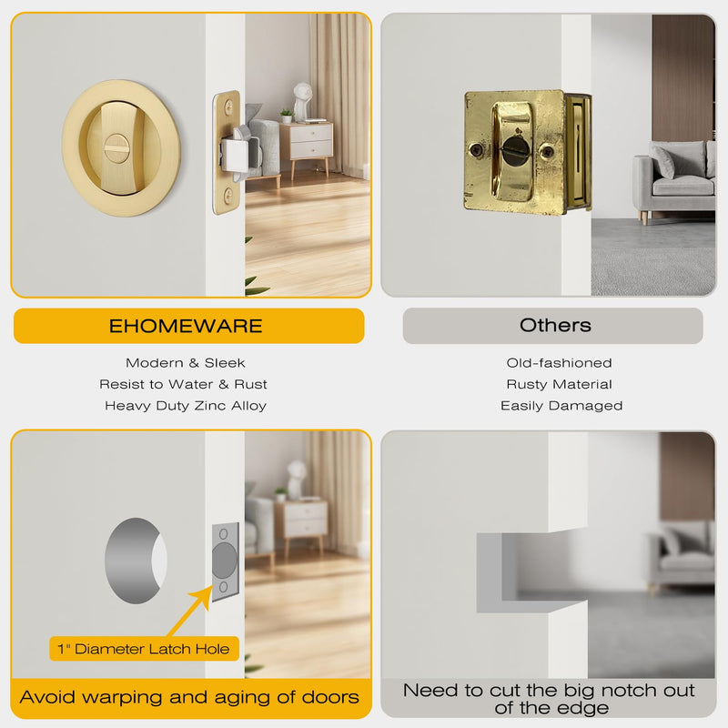 EHOMEWARE 2 Pack Brushed Gold Pocket Door Lock, Keyless Pocket Door Hardware, Round Pocket Door Handles for Sliding/Bifold Doors, Flush Pocket Door Privacy Lock Privacy Door Lock-2 Pack Satin Brass