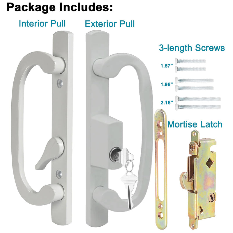 Offset Position Keyed Sliding Patio Door Handleset with Mortise Lock, 45° Keyway, 3-15/16" H.C., Fits 1-3/8" to 2" Thick Doors, Non-Handed, White Diecast 3-15/16" Offset
