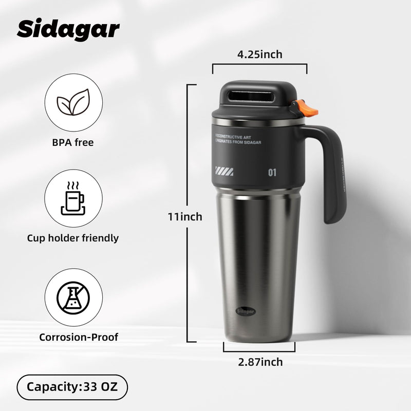 32 oz Tumbler with Handle and Straw, Vacuum Insulated Stainless Steel Travel Mug for Men, Gamer Cup with Push-button Lid, Tactical Gaming Setup Accessory, Fits in Cup Holder - Obsidian Black