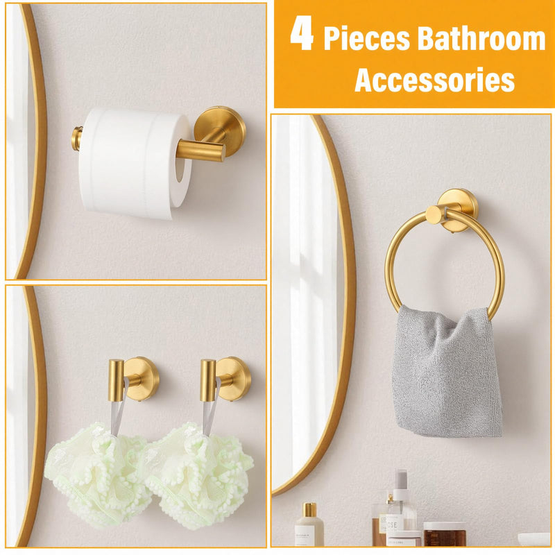 4-Piece Brushed Gold Bathroom Hardware Set, SUS304 Stainless Steel Toilet Paper Holder, Towel Ring & 2 Robe Hooks - Rustproof Wall Mounted Bathroom Accessories Kit