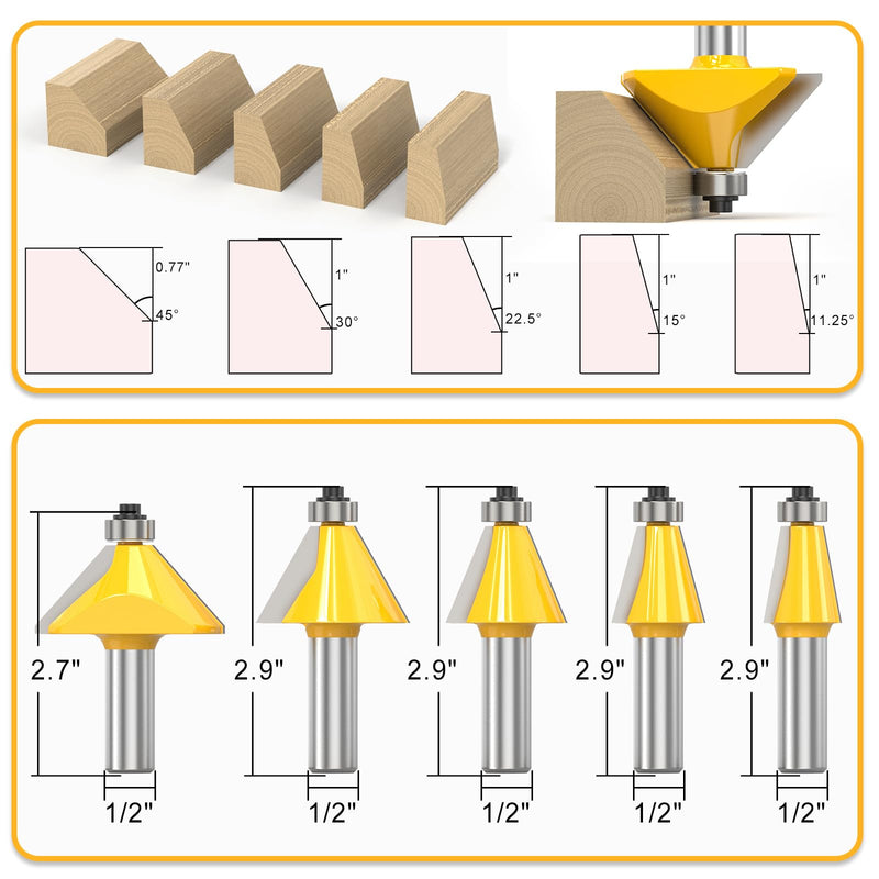 MEANLIN 5PCS Chamfer Router Bit Set 1/2 Inch Shank Dish Carving Router Bits with Top Bearing for Woodworking, 11.25, 15, 22.5, 30, 45 Degree 1/2 in