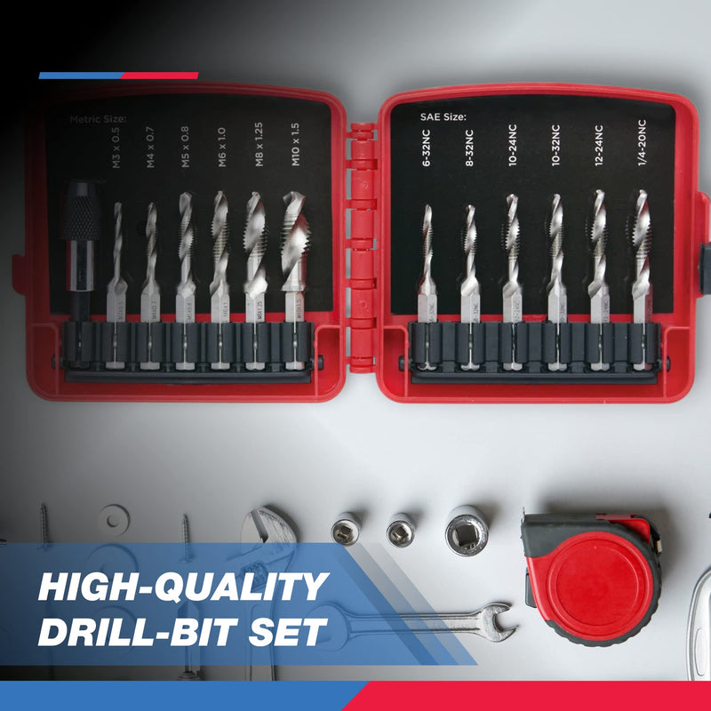 NEIKO 10059A Combination Drill and Tap Bit Set with Quick Change Adapter, 13 Piece, SAE (6-32NC to 1/4-20NC) and Metric Drill Bit Set (M3 to M10), Metric Tap Set Combo Drill Tap