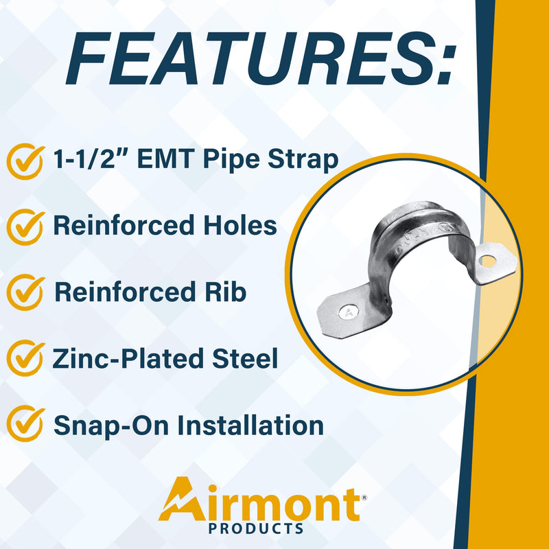 (Pack of 10) AP-10454, 1-1/2 Inch Two Hole Snap On Pipe Strap for EMT Conduit Installation, Reinforced Rib for Extra Strength, Galvanized Zinc Plated Metal, Tension Clamp for Easy Snap-On 1-1/2" Trade Size