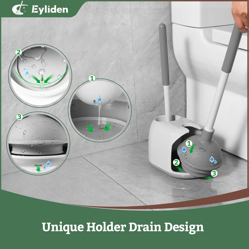 Eyliden Toilet Plunger and Brush Set, Upgrade 3-Step Suction Cup Toilet Plunger and Bowl Brush Set with Holder, Toilet Plunger Brushes Combo with Caddy (1 Pack, White & Grey) 1 Pack