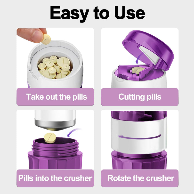 DUBSTAR 3-in-1 Pill Crusher Pill Grinder, Pill Crusher Fine Powder with Brush, Pill Crushers for Elderly with Pill Cutter and Storage, Pill Cutter Splitter for Small or Large Pills (Purple) Purple