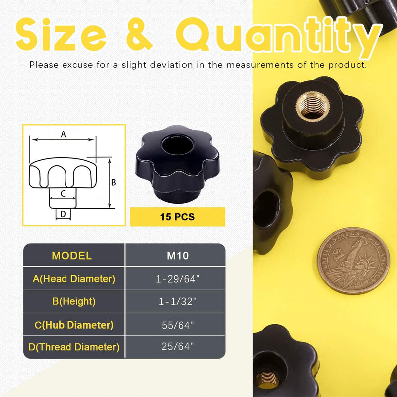15Pcs M10 Star Knob Clamping Handle Nut Through Hole Set Brass Female Threaded Handle Screw On Knob Grip Black Plastic M10 x 15pcs