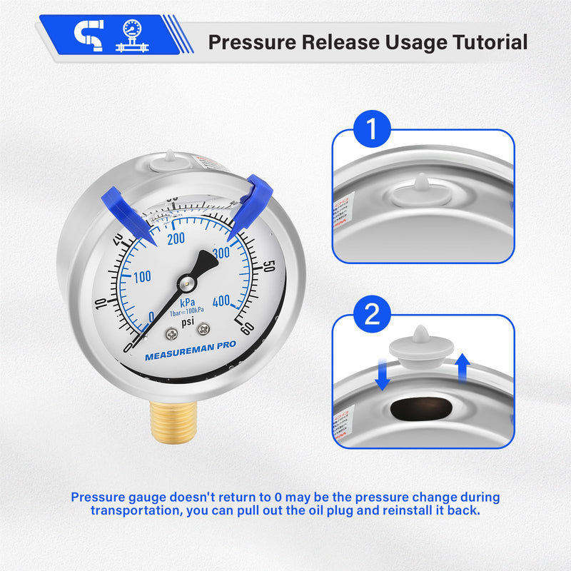MEASUREMAN PRO 2.5'' Glycerin Filled Pressure Gauge, 0-60psi/kpa, 304 Stainless Steel Case, 1/4" NPT Lower Mount,for Pool Sand Filter, Water Pump, Propane, Coolant, CO2, Gas Test 2.5'' (Lower Mount) 0-60 psi