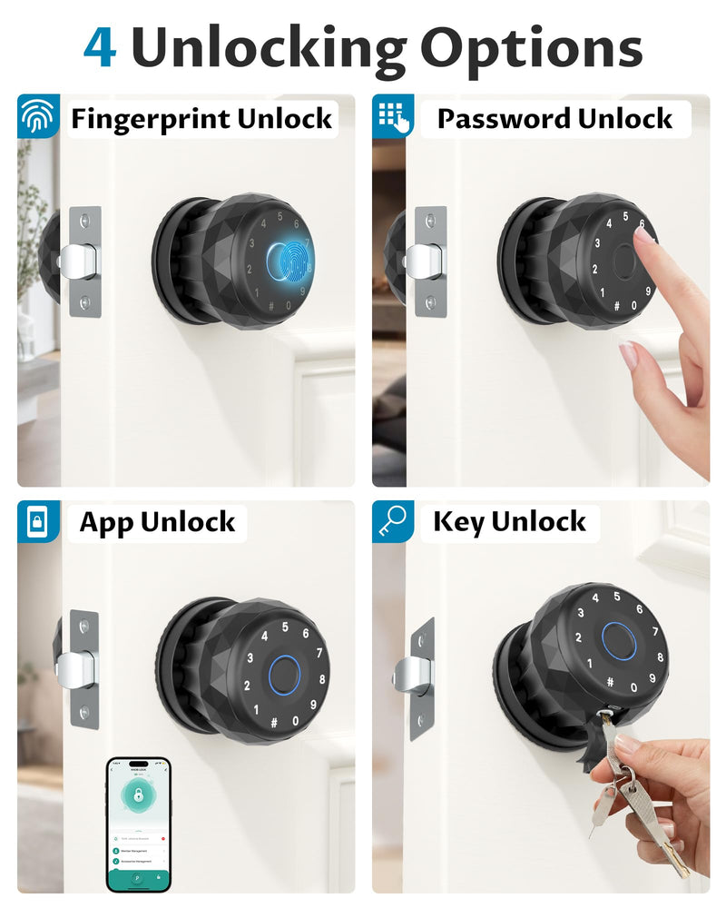Biometric Fingerprint Door Lock, Smart Keyless Entry Knob | Fingerprint Unlock, Keypad Entry, APP Control, Auto Lock, Easy Install, Multi-User Access, Low Battery Alert, Bedroom Office Black-Diamond