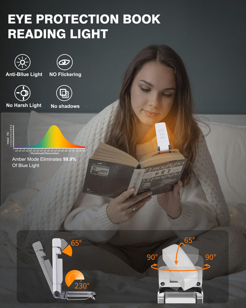 2-Pack Book Lights for Reading at Night, USB Rechargeable Book Light for Reading in Bed, Portable Clip-on LED Reading Light, 30/60-min Timer, 3 Amber Colors, 5 Brightness Dimmable, 6 Bookmarks, Kids 10-Blue White 2 Pack