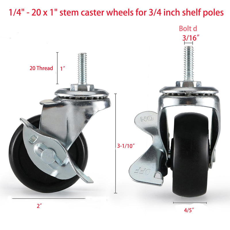 Caster Wheels 2 inch, Casters Set of 4 Heavy Duty, Casters for Wire Shelving, Wire Shelf Wheels, Rubber Stem Casters Rack Wheels, 1/4 Caster Wheels for Shelves 2"