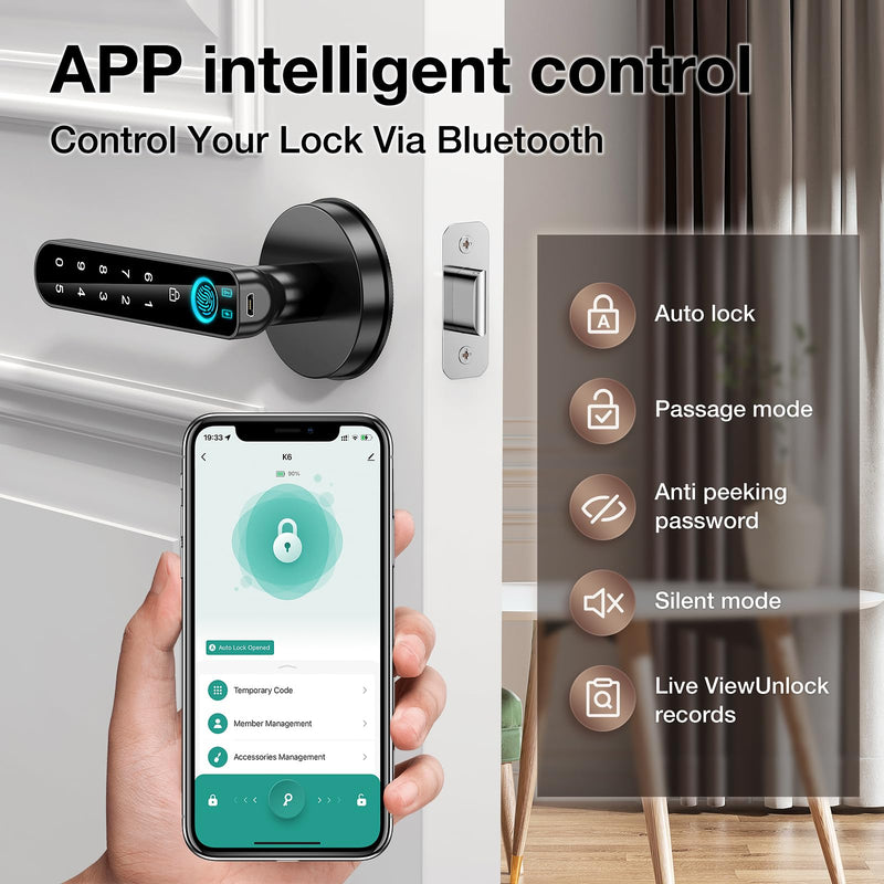 Fingerprint Door Lock- Smart Door knob,biometric Door Lock，with passcode keypad keyless Entry Door Handle，for Bedroom Home Hotel Office Apartment (Black with APP) Black A