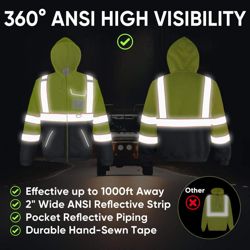 TICONN Safety Hoodie Jacket, High Vis Reflective Safety Fleece Hoodie, PPE Gear for Cold Weather Meet ANSI III X-Large Yellow&black