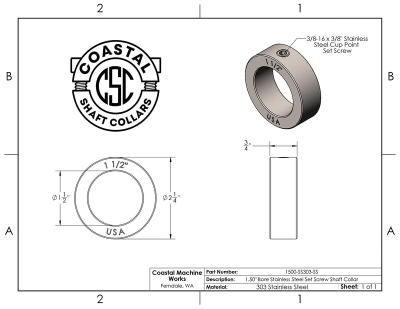 1.50" Bore Diameter - Set Screw Shaft Collar - 303 Stainless Steel (2 Pack) 1.50" Bore 2