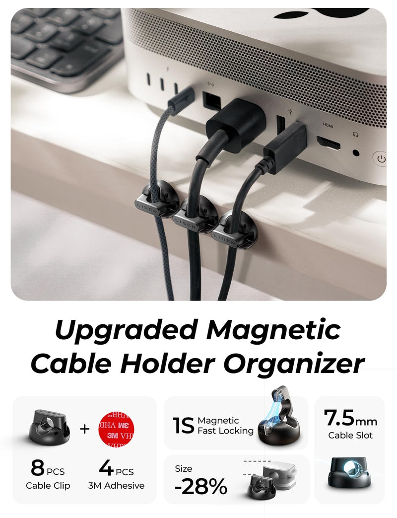 8-Pack Magnetic Cable Clips [1S Snap-On] Desk Cord Organizer, LISEN Office Desk Organizers and Accessories with 4 Extra Strong Adhesive Pads, Cord Holder for Nightstand, Home, Wall, Car, Desktop Black