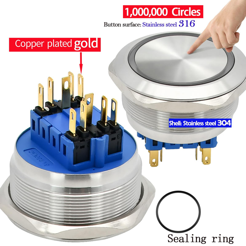 40mm 1.57" Momentary Big Push Button Switch 2 Color Light Red and Green 12VDC/AC Stainless Steel 316 Waterproof IP67 DPDT with Wire (Volts, 12) 12.0 Volts