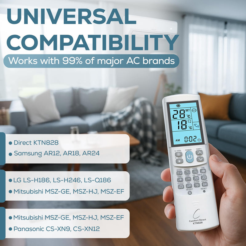 KTN828 Universal Mini-Split Air Condition Remote Control Dual °F/°C Modes - Works with Samsung, Lennox, Kenmore, Mitsubishi, Frigidaire, Hitachi, LG, Sharp, Panasonic, Toshiba, & More