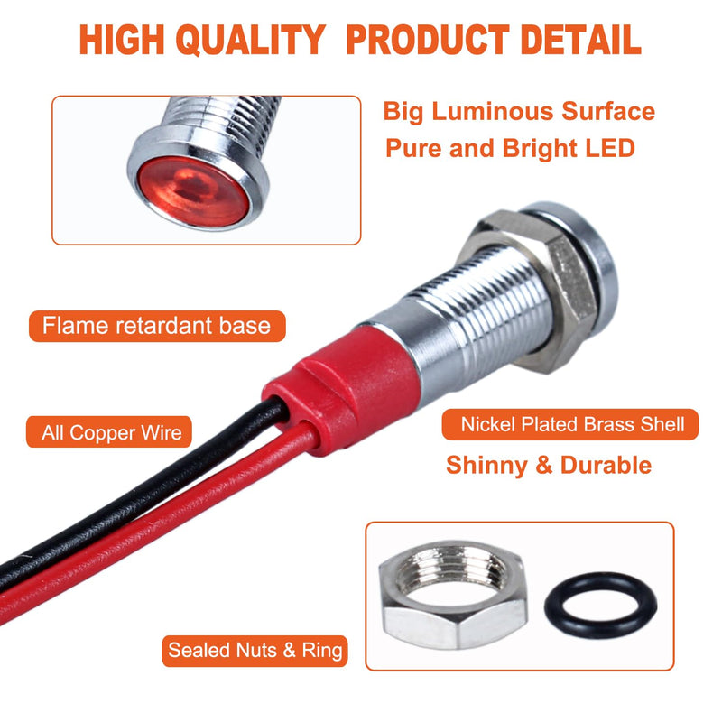 10Pcs 6mm (1/4") LED Indicator Light 12V-24V 20mA Waterproof Metal Wide Flat head Signal Lamp Pilot Dash Directional with Wire (White Red Yellow Blue Green)*2 Mix