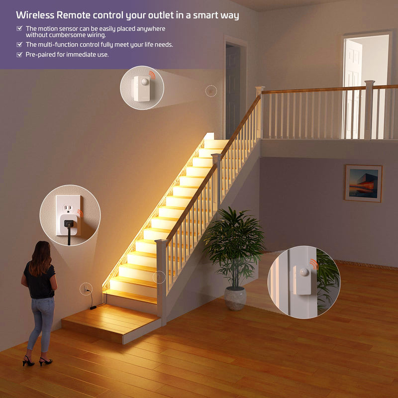 RAYZEEK Wireless Motion Sensor Control Outlet with Light Sensor,No WiFi/No APP, 2 PIR Sensor Switch Control 1 Plug for Christmas Tree Lights,Fans,Household Appliances,10A/1100W 2 Motion Sensor+plug