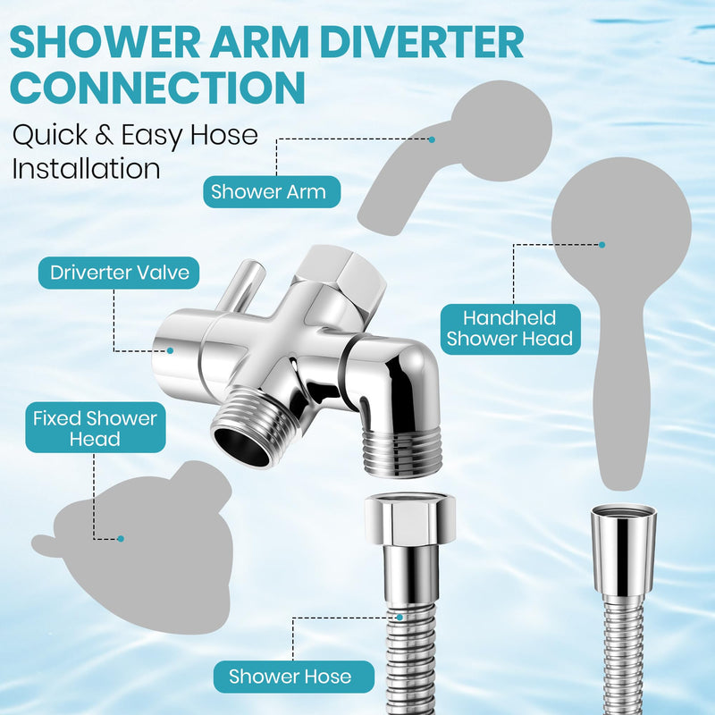 Dreyoo 3 Way Shower Arm Diverter Valve Kit, Solid Brass G1/2 Universal Shower Diverter for Handheld & Fixed Spray Head with 59" Stainless Steel Hose, Bathroom System Component, Plumber Tape, Chrome