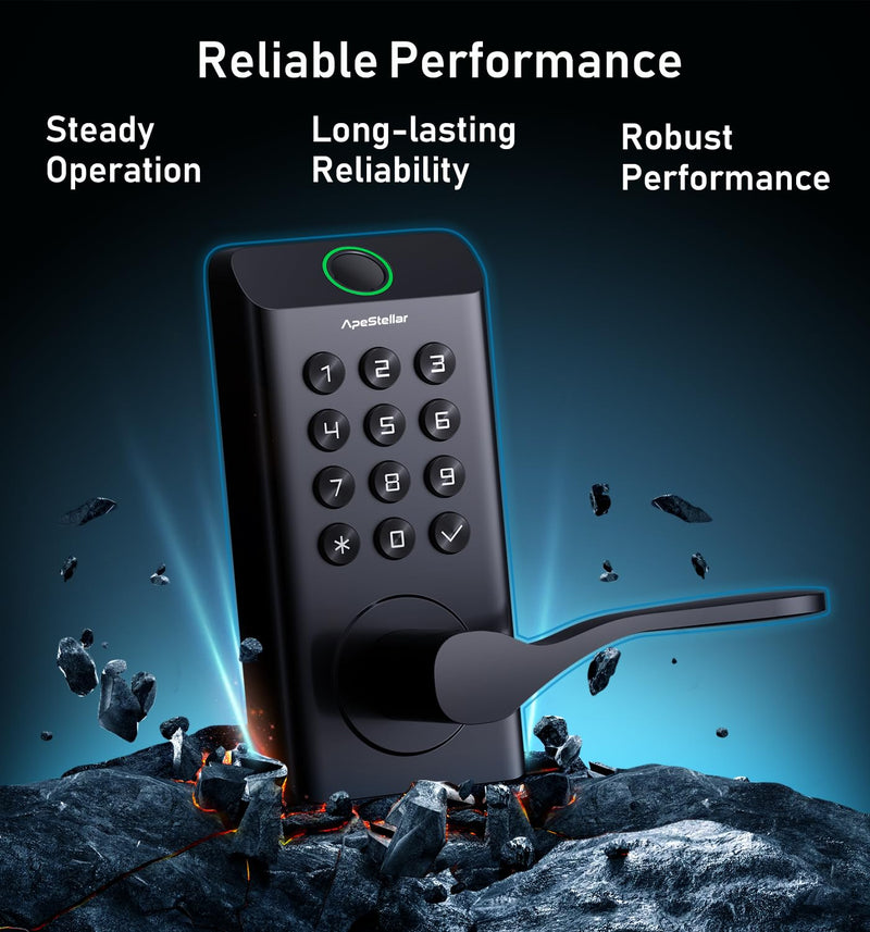 Fingerprint Keyless Entry Door Lock, Biometric Door Knob with Handle, Keypad Digital Code Lock for Front Door, Superior Durability & Voice Guidance, Matte Black