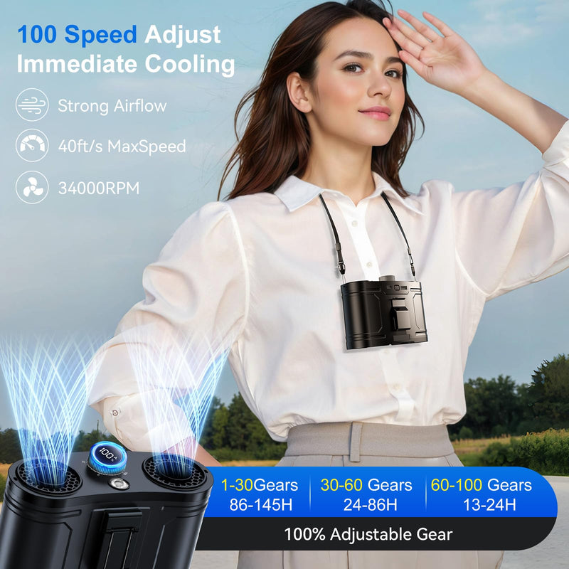 21000MAh Portable Waist Fan, 100 Speeds 34000RPM Strong Airflow, Belt Fan with up to 145H of Working Time, Flashlight Hands-Free Hanging Neck Fans,Rechargeable Wearable Personal Fans for Outdoor 21000mAh Black