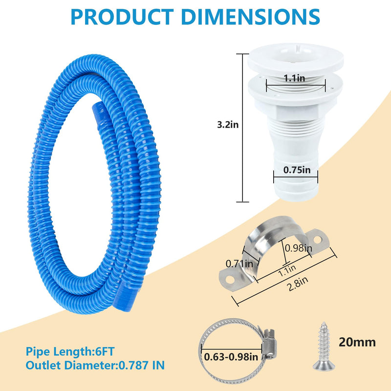 3/4 Inch Dia Marine Bilge Pump Hose,6 FT PVC Bilge Pump Hose, Bilge Pump Installation Kit with 3/4 Inch Thru Hull Fitting,Include Stainless Steel Clamps and U-Shaped Pipe Card (Blue) 3/4in - 6ft Blue Hose