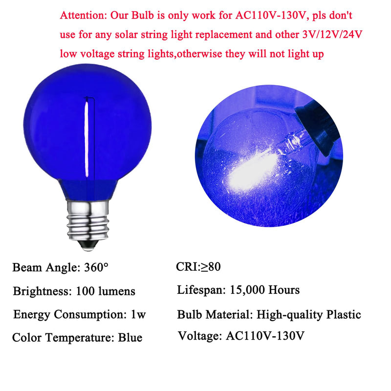 G40 Blue LED Replacement Bulb 1W Light Bulbs Shatterproof Waterproof LED Outdoor String Lights Decorative Night Light E12/C7 Candelabra Base for Wedding Patio Garden Yard,15 Pack(Blue)