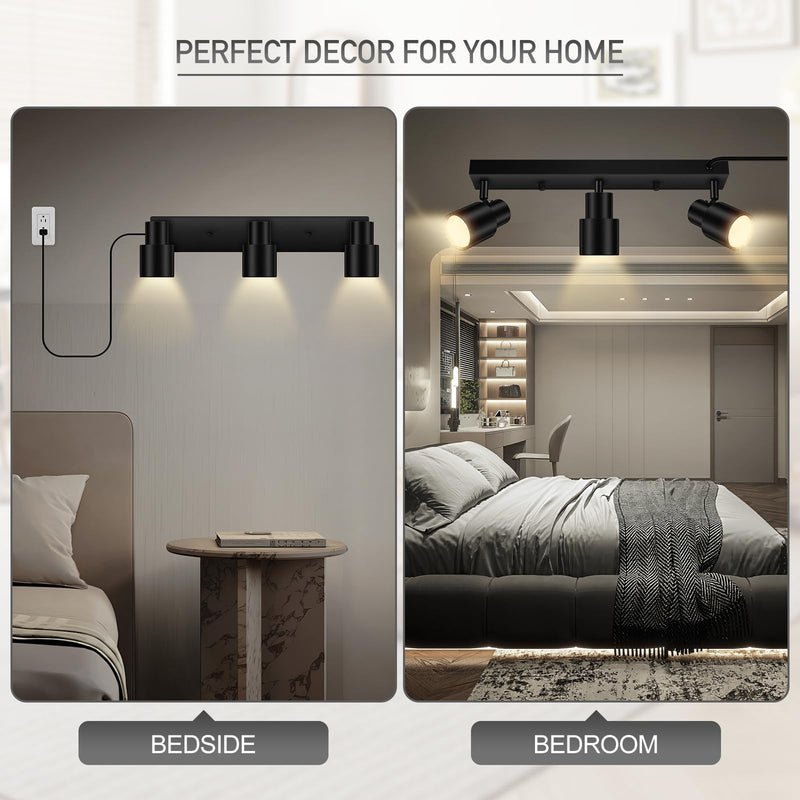 Plug-in Track Lighting LED, Track Light Fixtures Ceiling, Black 3-Light Track Lights for Kitchen, 3 Way Ceiling Spotlight, Rotatable Wall Mount Light Head for Bedroom Hallway, Bulb Not Included 3-Light Track Lighting(Black)