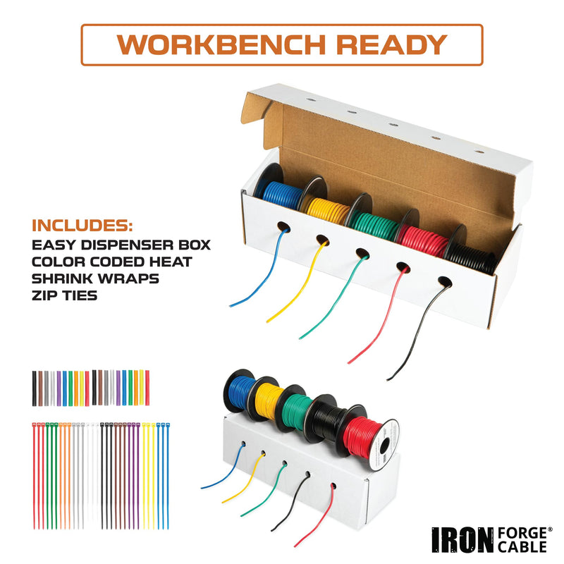 Iron Forge Cable 100 ft 16 Gauge Wire - 10 Roll Assortment Pack Automotive Wiring Kit with Dispenser Box - 10ft Stranded Copper Clad Primary Cable per Roll 16 Gauge-10ft-10 Pack