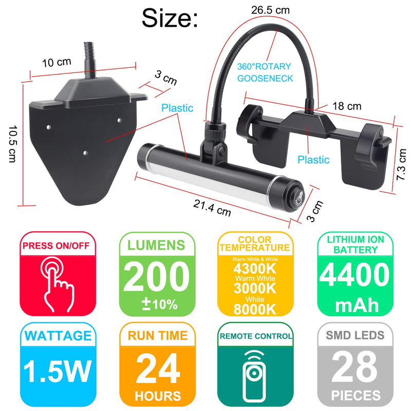 HONWELL Painting Lights Cordless, Dartboard Light with Remote, Rechargeable Picture Light, Picture Frame Light with 3 Modes 28 LEDs Rotate Head, 360° Flexible Neck, Clip on Display Light for Art-Black Black
