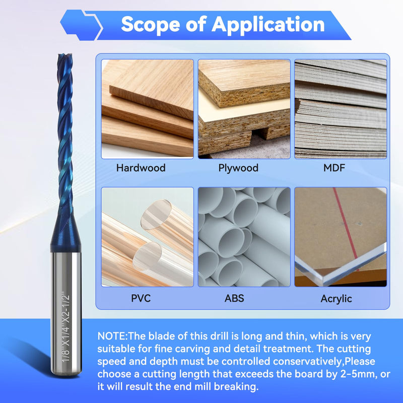 CNC Router Bit 1/8" Cutting Dia 1/4" Shank 3-Flute Extra Long End Mills | Upcut Spiral Solid Carbide End Mill with Blue Nano Coating for Wood, PVC, Aluminum PVC Engraving, 2PCS