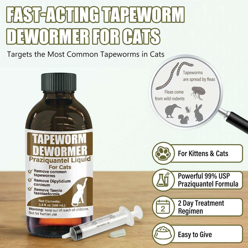 Tapeworm Dewormer for Cats & Kittens – Praziquantel Liquid 100 mL for Cats 6 Weeks & Older, Include 3 ml Dropper with Cap