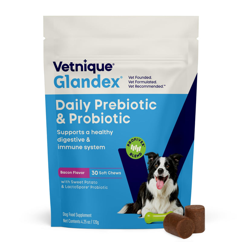 Vetnique Glandex for Dogs Prebiotic & Probiotic Supplement Chews 30 Count Bacon Flavor Plus Glandex Anal Gland Support Chews 60 Count Peanut Butter Flavor Bundle, 5-Strain Probiotics for Dogs