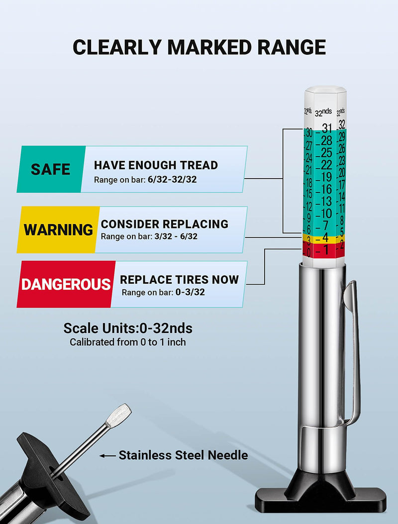 2-Pack Tire Tread Depth Gauge, Color Coded Tire Depth Gauge with Pocket Clip in 1/32 Inch Increments, Accurate Tread Gauge Depth 32nds Measuring Tool for Car, Semi Truck Tire Tread Checker