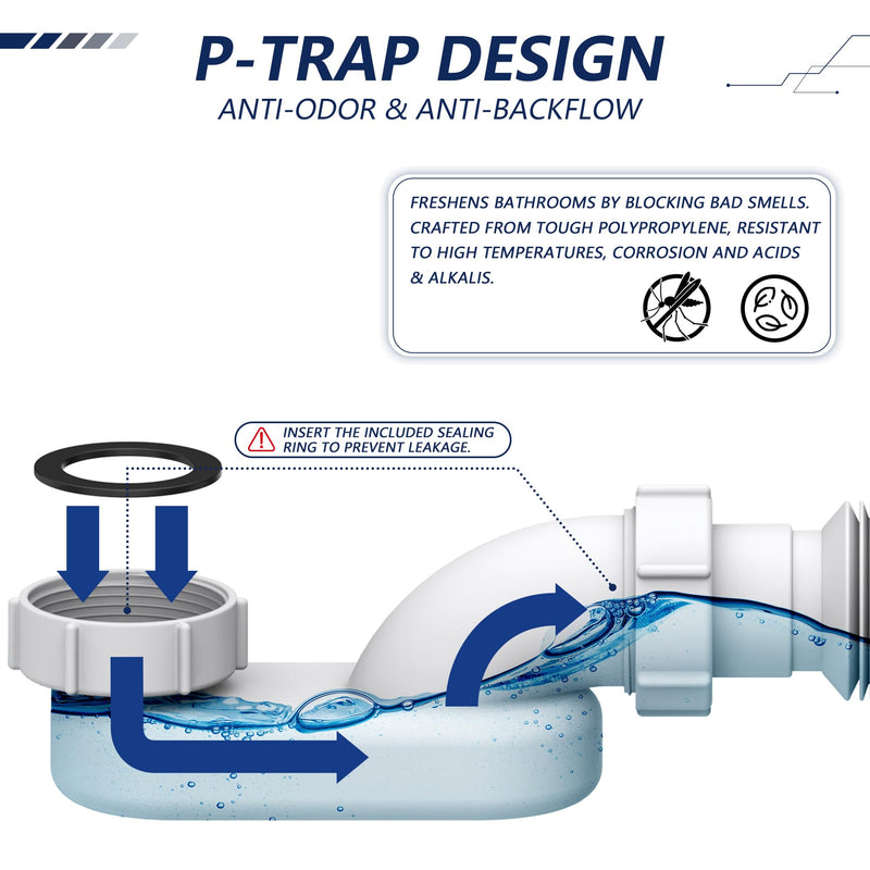 Xendywasher Low Profile P Trap for Freestanding Tub Drain, 1-1/2 Inch Flexible Bathtub Drain Pipe Kit, Expandable & Bendable Waste Pipe for Tight Spaces, RV Shower and Tub Drain Assembly Replacement Polypropylene White