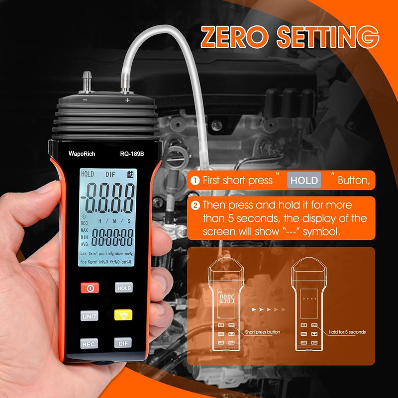 Manometer Air Pressure Meter, WapoRich Dual-Port HVAC Gas Pressure Tester ±30Psi/206.8Kpa ±0.3% with 11 Selectable Units of Differential Pressure Gauge, Backlight and Data Record RQ-189B(Limit maximum pressure:30Psi)