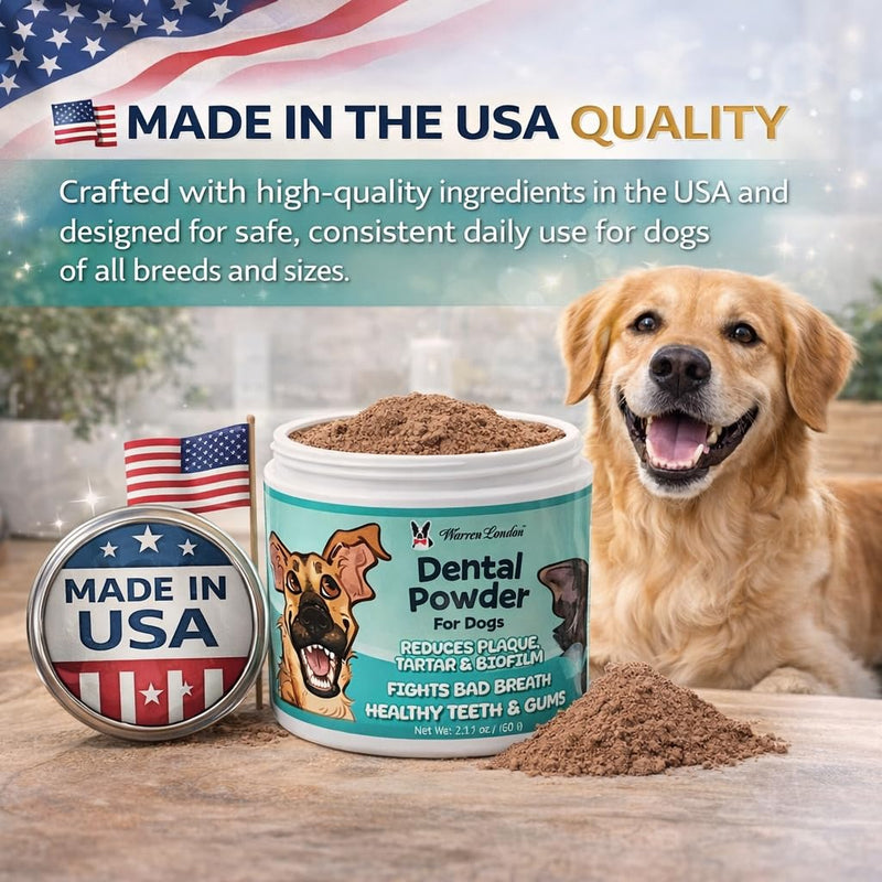 Warren London Premium Dental Powder for Dogs – Fresh Breath & Tartar Support with Kelp Astaxanthin Green Tea & Mint – Daily Oral Care Supplement for Teeth & Gums – Made in USA 60g