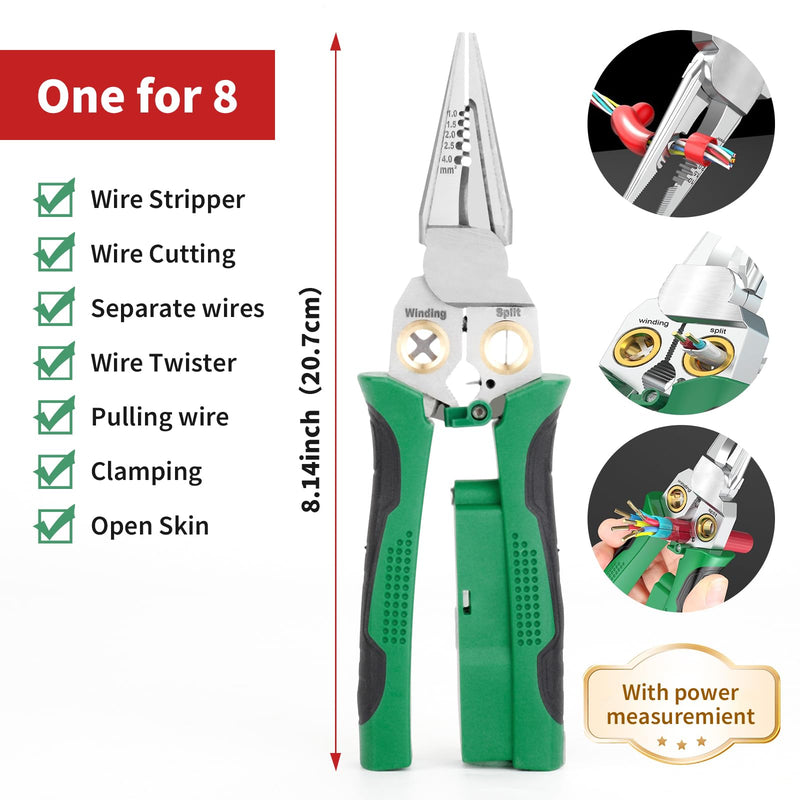 GADO 8in1 Wire Stripper Twister for Cutting and Pulling Wires, Cable Scissors,Voltage Tester Pliers, 12V to 250V Live,Null,Hot Wire Judgment AC DC, Audible and Flashing LED Alarms Green
