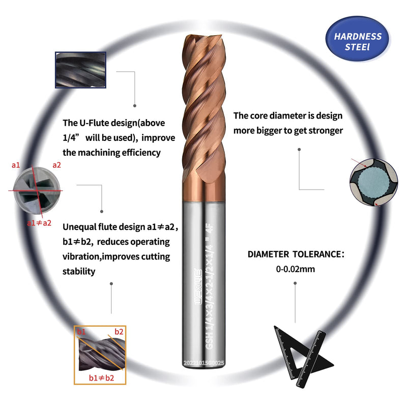 Tools GSH Carbide Square End Mill, ZrN Coating, Square Milling Cutter for Medium Alloy Steel, Stainless Steel,Hardeness Steel, Rough and Finish Machining 4 Flute,1/4" Shank (1/4-2.5L, 5pcs) 1/4-2.5“（5Pc）