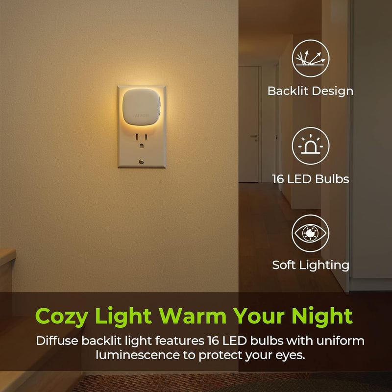 AUVON Plug-in LED Backlit Night Light with Motion Sensor & Dusk to Dawn Sensor, Dimmable Warm White Nightlight with 1-50 lm Adjustable Brightness for Bedroom, Bathroom, Stairs, Hallway (4 Pack) A Warm White
