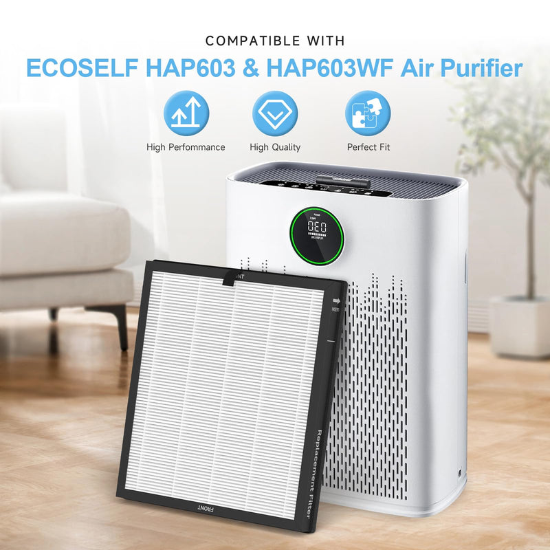 4 Pack HAP603 Replacement Filter Compatible with ECOSELF HAP603 / HAP603WF Air Purifier, 3-in-1 H13 True HEPA Filter with Activated Carbon, # RFHAP603, White White-4 Pack