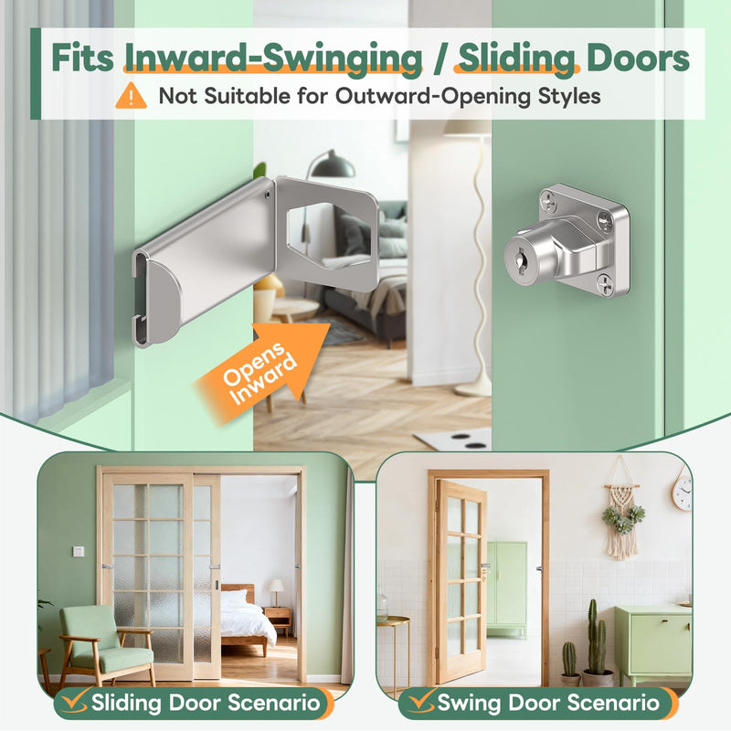 Keyed 90° Right Angle Door Lock, 3.3 Inch Lock Latches for Inward Opening & Sliding Doors, Shed - Security Latch Equipped with Independent Key (Silver, 3.3In with Key-2PCS) Silver