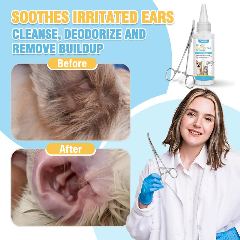 Dog Ear Powder for Hair Removal Kit – 42g Ear Powder for Dogs with Curved Grooming Tweezers, Helps Remove Excess Ear Hair & Reduce Odor for Poodles, Schnauzers, Shih Tzus & Other Breeds white