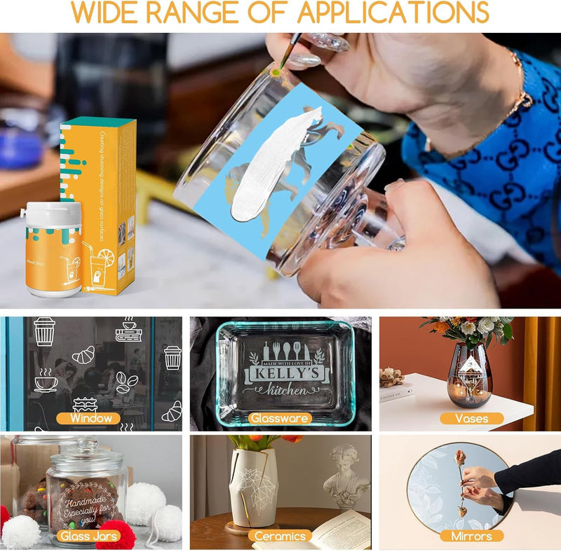 (3oz) Etching Starter Kit for Intricate Designs, DIY Art Craft Bundled with 3 Application Brushes, 1 Paper Tape, 1 Nitrile Gloves, 1 Silk Screen Label, Perfect for Mirrors, Windows, Glassware 3 oz kit