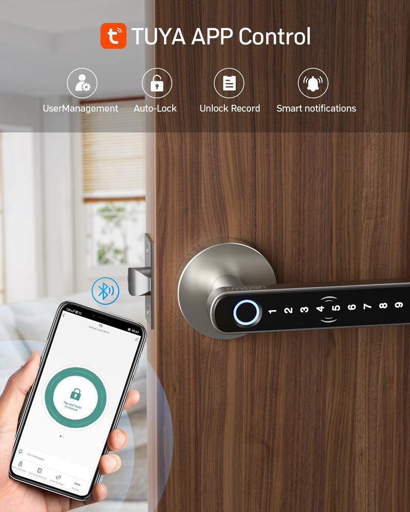 TMEZON Smart Door Lock Fingerprint, Keyless Entry Door Lock with Handle, APP/IC Cards/Codes/Keys/Fingerprints Biometric Electronic Keyless Entry Lock for Bedroom Home Hotel Office