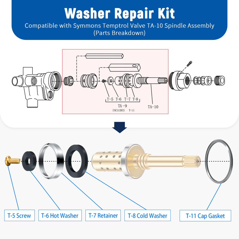 Enhon 4 Pack Washer Repair Kit Compatible with TA-9, Compatible with Symmons Temptrol Valve TA-10 Spindle Assembly, T-8 Cold Washer, T-7 Retainer, T-6 Hot Washers, T-5 Screw and T-11 Cap Gasket