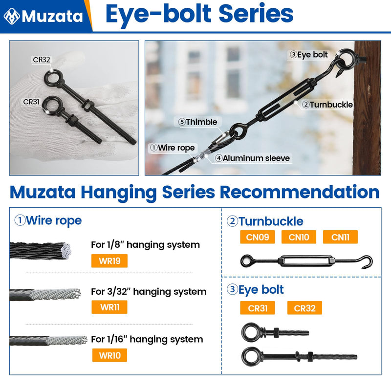 Muzata 10pack 1/4" x 3" Black Eye Bolt Heavy Duty Shoulder Lifting Ring Threaded Eyebolts T316 Stainless Steel Marine Grade UNC-3A CR31 10 Pack