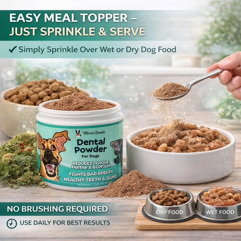 Warren London Premium Dental Powder for Dogs – Fresh Breath & Tartar Support with Kelp Astaxanthin Green Tea & Mint – Daily Oral Care Supplement for Teeth & Gums – Made in USA 60g