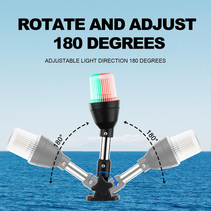 LED Tri-Color Navigation Light,Bimini Top Red-Green-White Combination Boat Bow Light & Anchor Light, Stainless Steel Foldable Pole Base, 10-24V DC,10 Inches