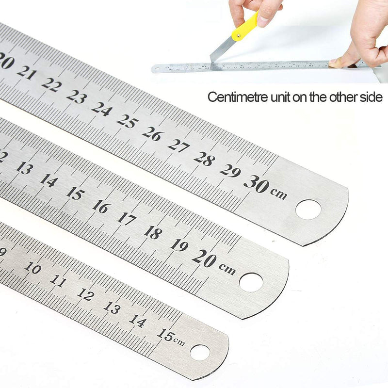 Elisel 3 PCS Stainless Steel Ruler Set with Inch and Metric Graduation, 12 Inch, 8 Inch and 6 Inch(Silvery) Silvery